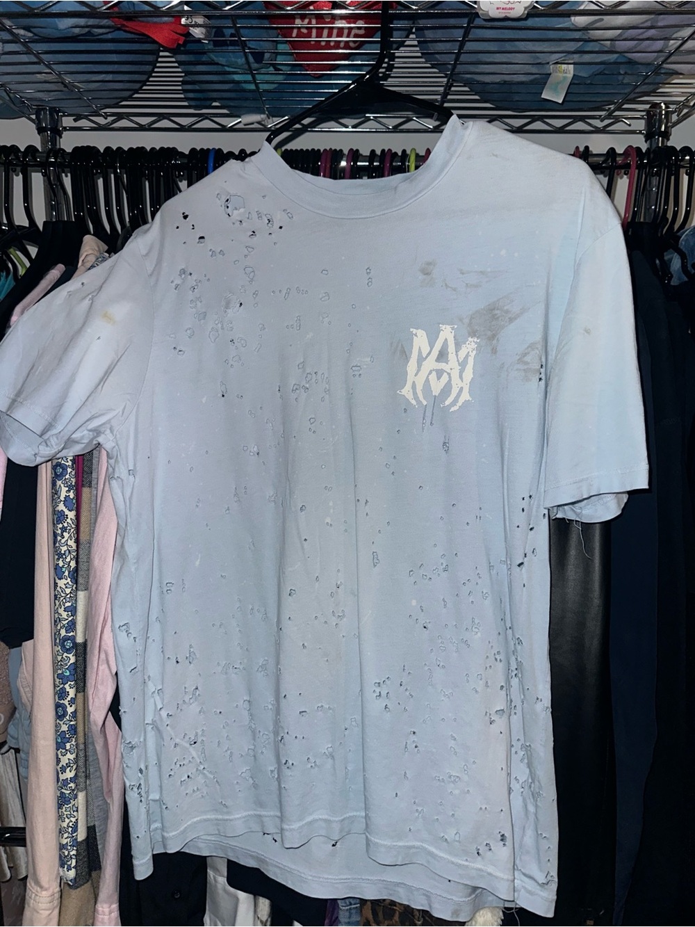 AMIRI Light Blue Distressed Grunge Logo Short Sleeve T-Shirt